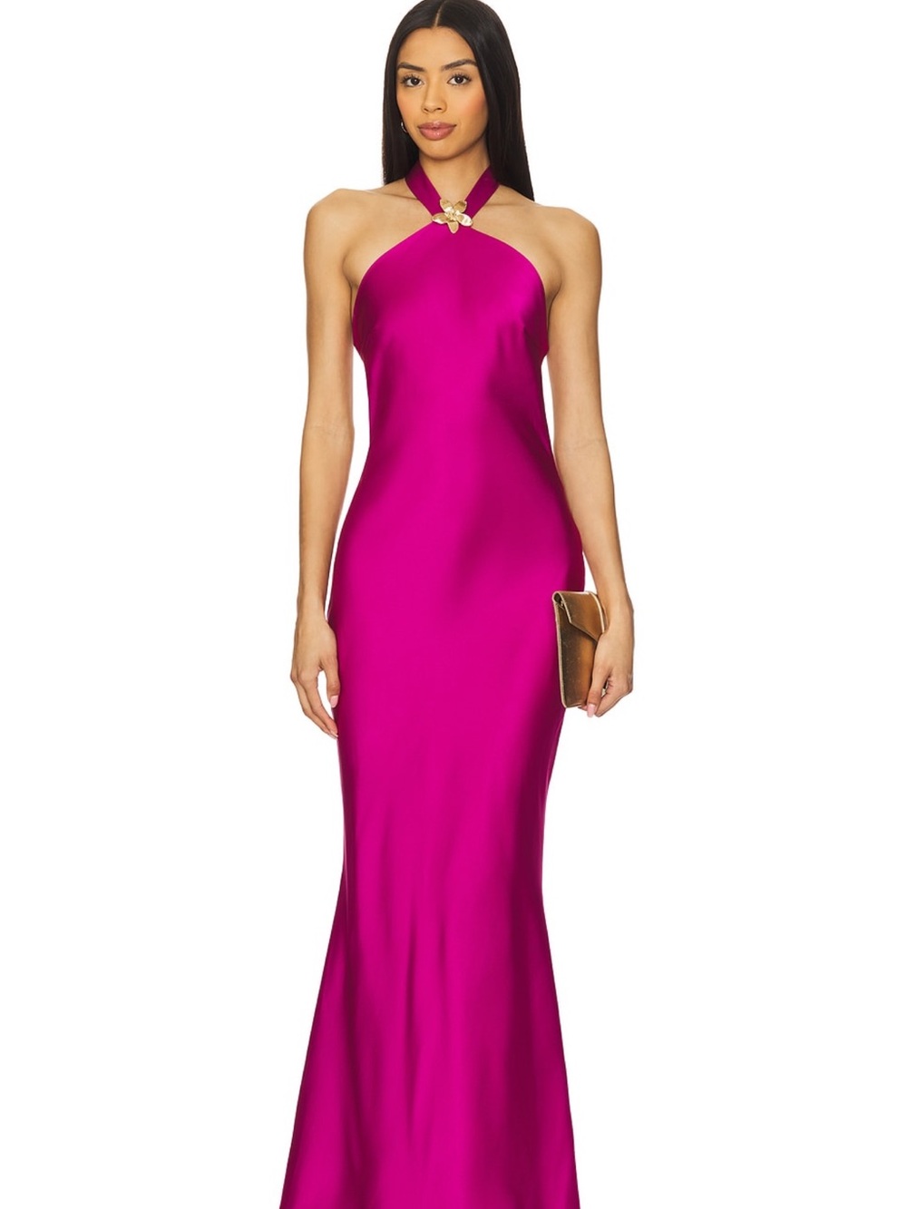 Halter Neck Maxi Gown in Fuchsia with Jewel Detail
